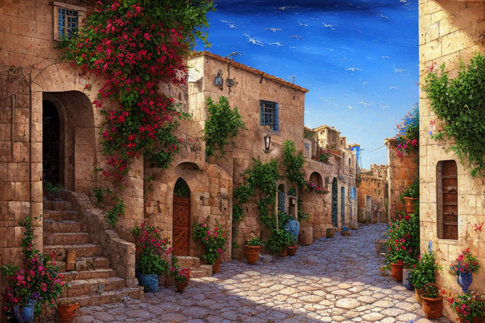 Stone-paved alley with old buildings and colorful flowers under blue sky