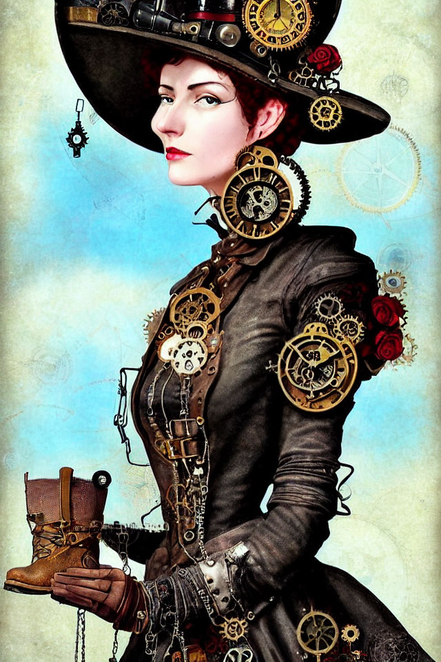 Steampunk female character with gear-adorned hat and cogwheel jacket in gear-filled setting