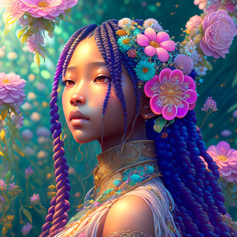 Digital artwork: Girl with purple braids and floral backdrop