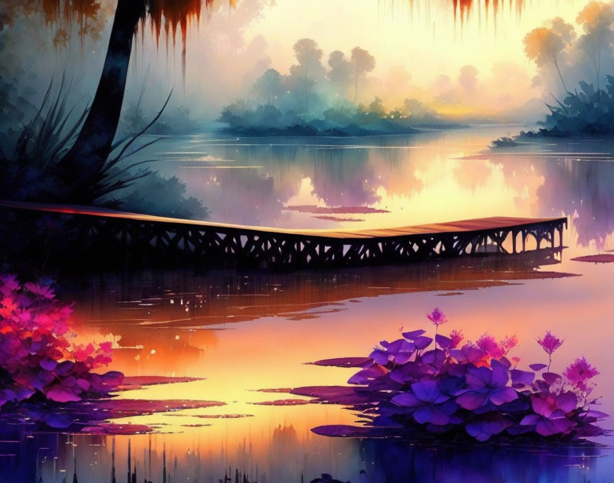 Serene lake twilight scene with wooden bridge and water lilies