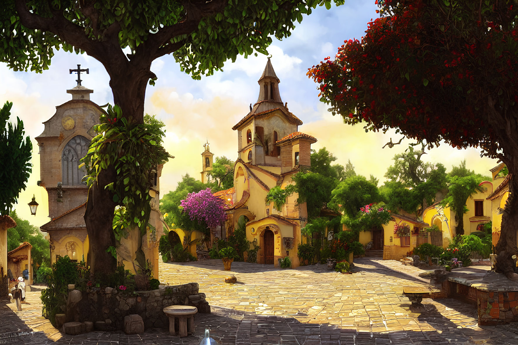 Traditional village square with cobblestone paths, fountain, church, and sunset ambiance.