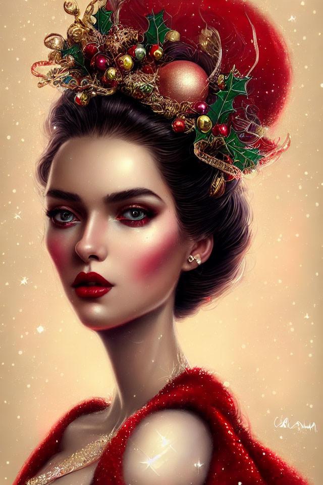 Festive digital artwork of woman with holiday decorations, red outfit, and starry backdrop