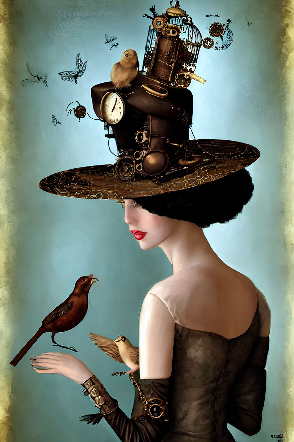 Woman in Gray Dress with Steampunk Hat and Mechanical Elements Engaging Birds and Butterflies