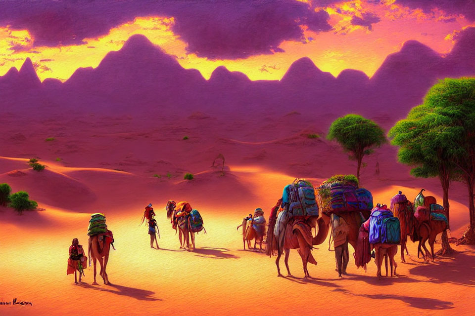 Caravan of camels and riders in purple desert sunset landscape