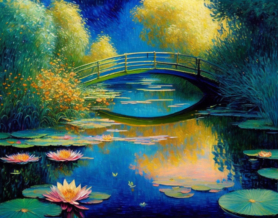 Serene pond painting with water lilies, arched bridge, and lush greenery