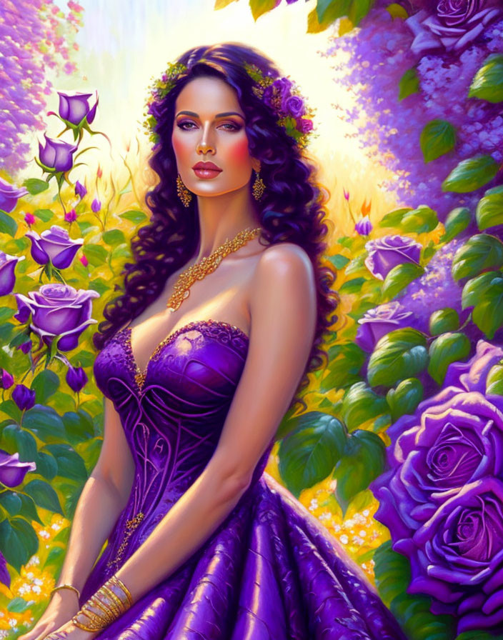 Woman in Purple Dress Surrounded by Flowers and Greenery