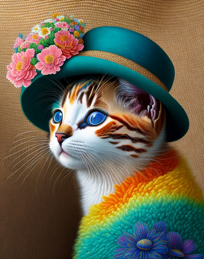 Colorful Cat Illustration with Blue Eyes and Flower Hat