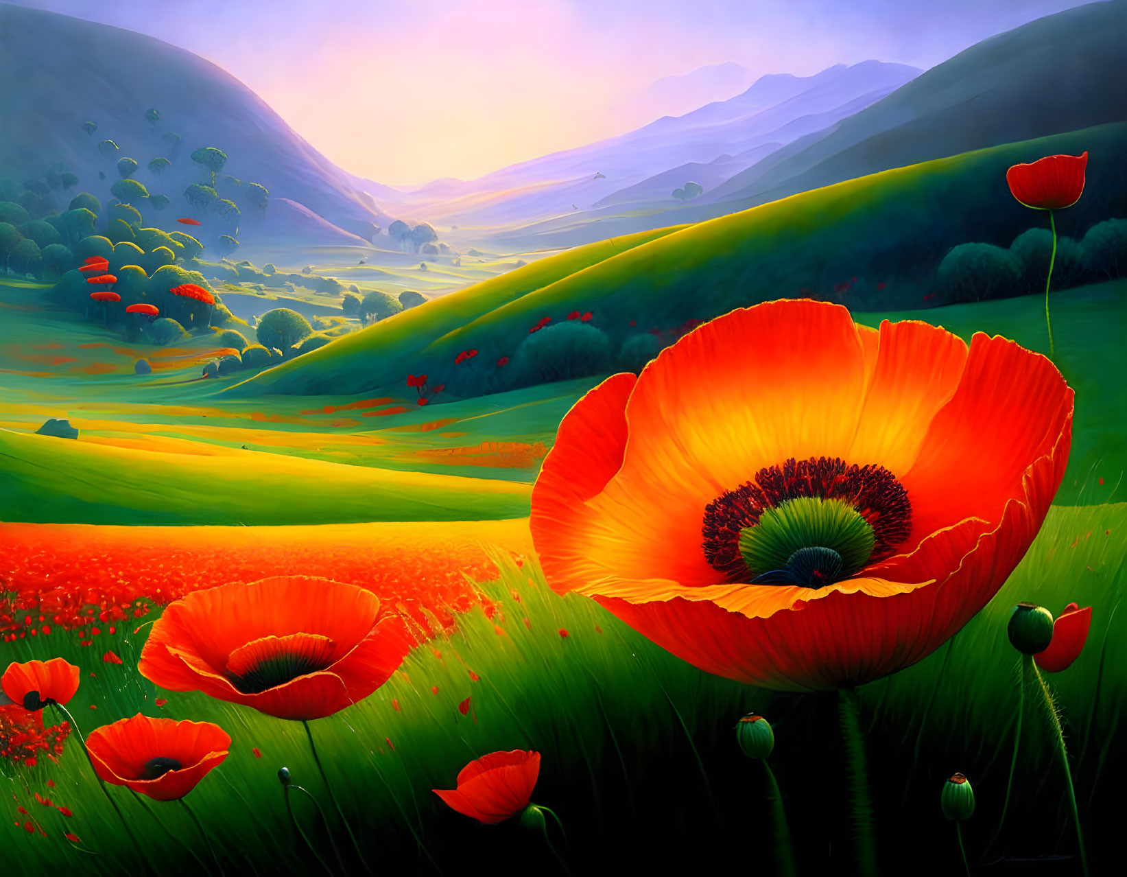 Lush Green Meadow with Vibrant Red Poppies