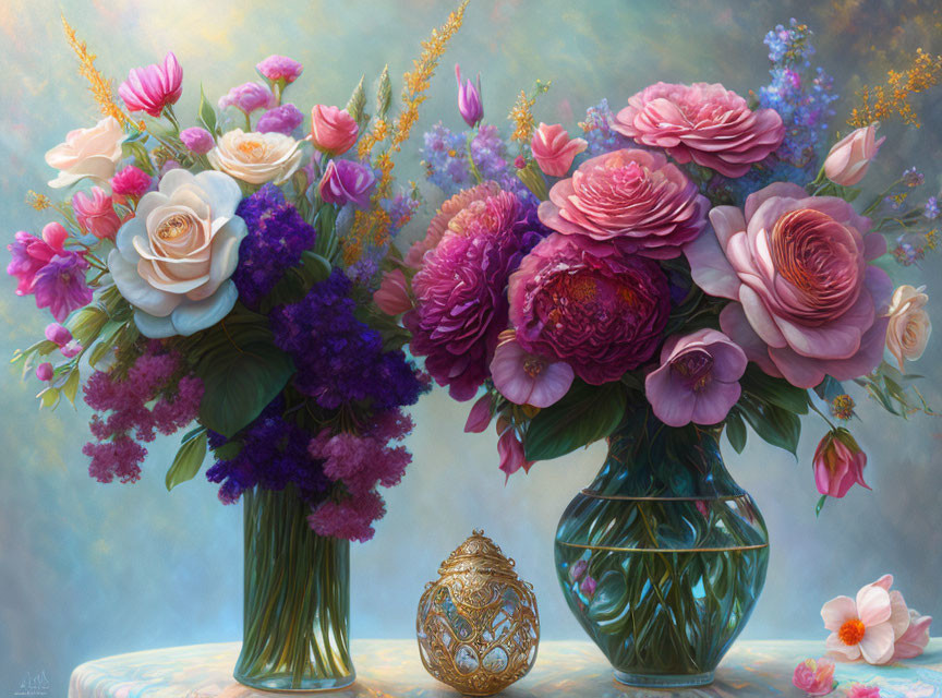 Colorful Flowers and Golden Egg in Elegant Still Life Painting