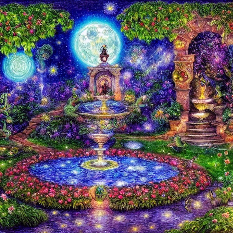 Mystical night garden with glowing moon, fountain, and lush greenery