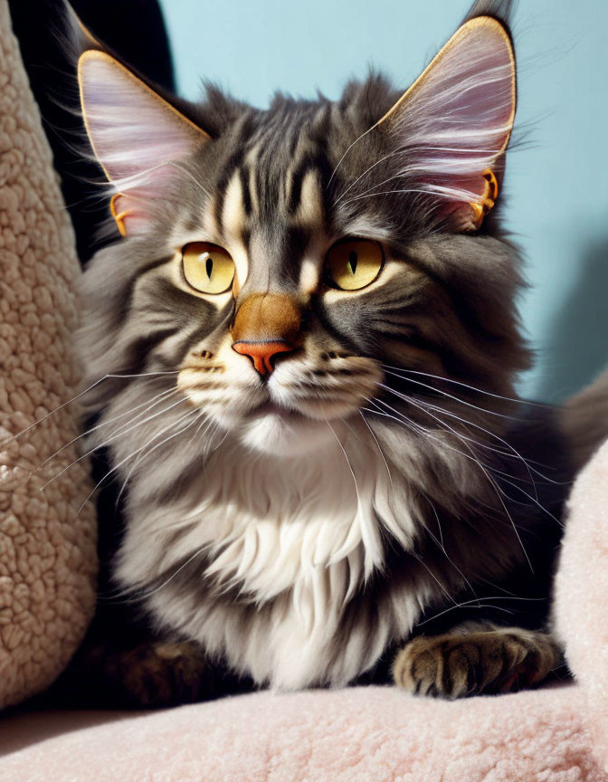 Maine Coon Cat with Yellow Eyes and Ear Tufts in Grey and White Fur