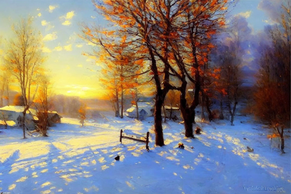 Snowy Landscape at Sunset with Bare Trees and Sunlight Reflections