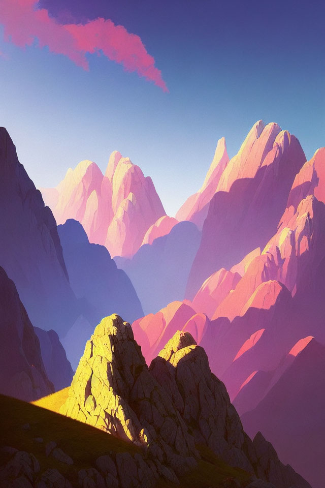 Colorful mountain range illustration with pink and purple tones and clear sky