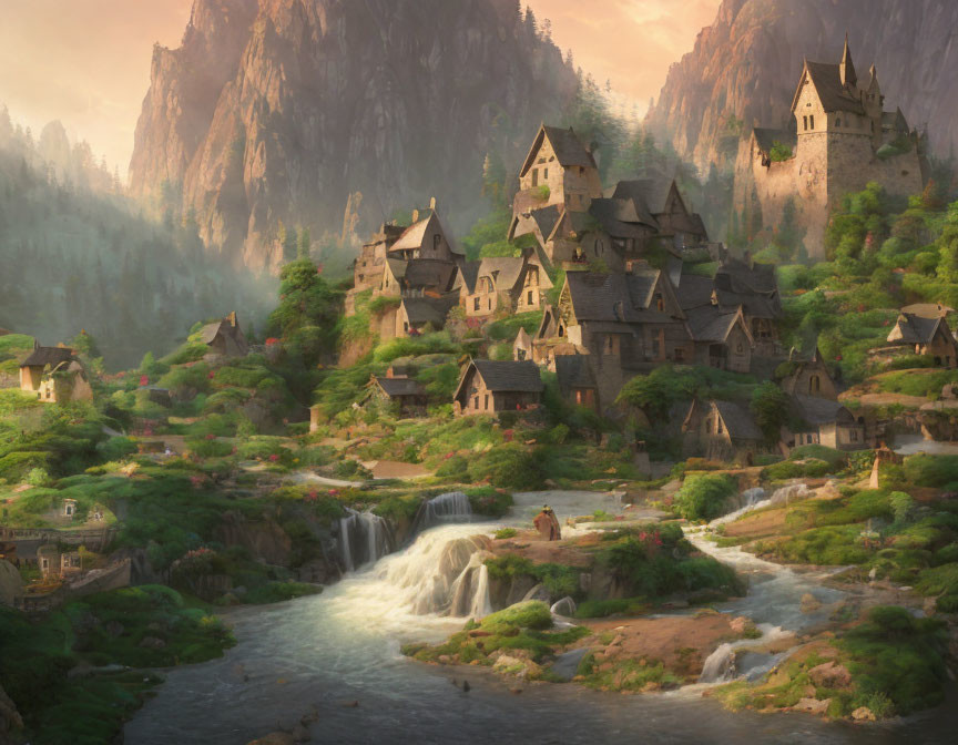 Picturesque village with stone houses, castles, waterfalls, rivers, and lush forests in golden