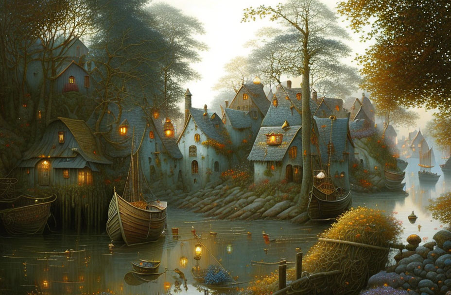 Scenic village by calm river at dusk with lit windows, moored boats, autumnal trees