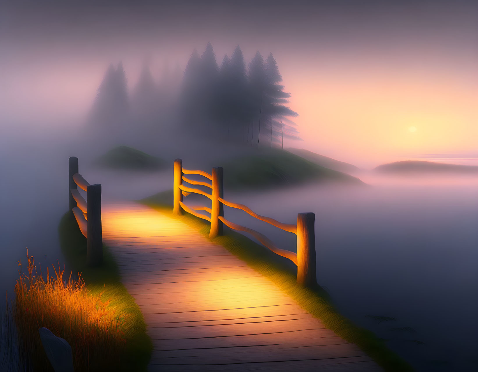 Wooden walkway through mist to forest under warm sunrise glow