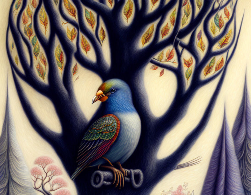 Vibrant blue bird with intricate wing patterns perched in front of autumn trees