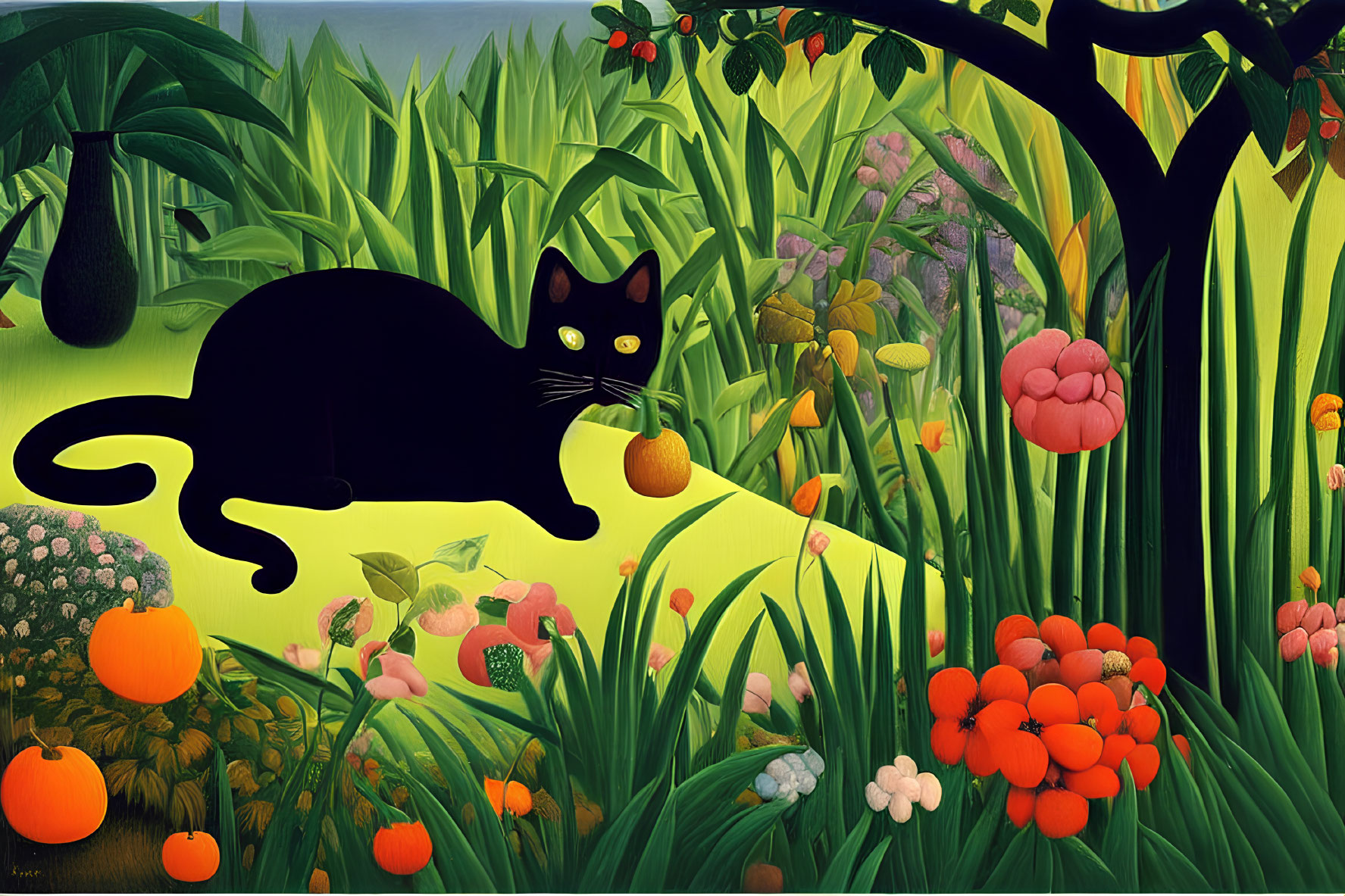 Stylized painting featuring black cat in lush, colorful vegetation