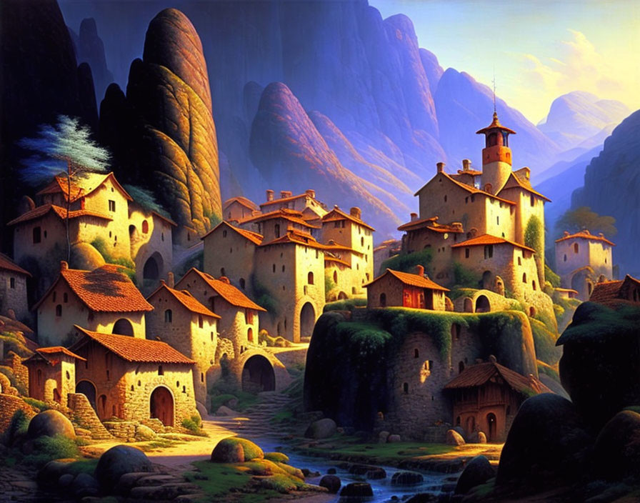 Fantasy village with stone houses, river, and rock formations