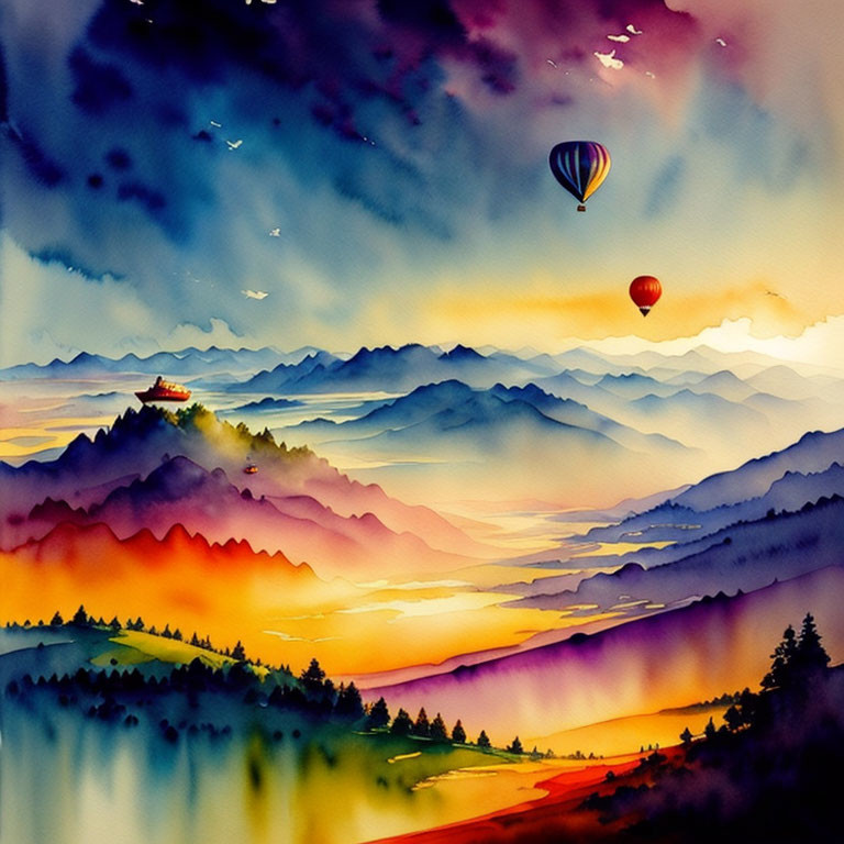 Vibrant Watercolor Landscape: Sunrise, Mountains & Hot Air Balloons