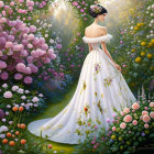 Woman in white gown surrounded by flowers and butterflies in sunlight glow