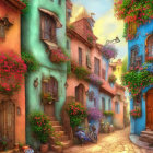 Colorful Alley with Blooming Flowers and Quaint Architecture