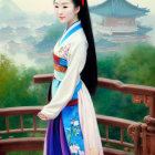 Traditional Asian Attire Woman on Bridge with Historical Buildings