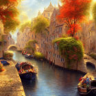 Scenic canal with boats, European buildings, autumn foliage, and stone walkways.