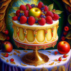 Colorful fruit-topped cake painting on ornate golden stand