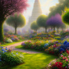 Colorful Fantasy Garden with Path to White-Domed Building