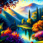 Colorful sunset over lush hills, blooming flowers, tranquil lake