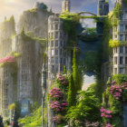 Fantastical landscape with towering cliffs and ancient ruins among vibrant pink flowers