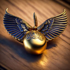 Golden spherical pendant with outstretched wings on wooden surface lit by warm light