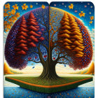 Symmetrical tree illustration showcasing seasonal halves under starry sky