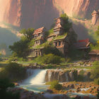 Picturesque village with stone houses, castles, waterfalls, rivers, and lush forests in golden