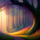 Mystical forest scene with sun rays, tall trees, path, flowers, and butterflies