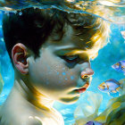 Boy in Water Surrounded by Fish and Aquatic Plants in Serene Blue Hue