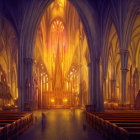 Gothic Cathedral Interior with Arches and Stained Glass