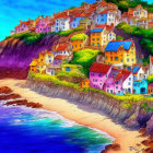 Colorful Houses on Cliff Overlooking Serene Beach