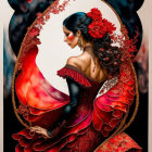 Flamenco-inspired woman in red dress with ruffled layers and flowing hair portrait.