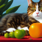 Vibrant tabby cat with fruit on blue background