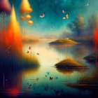 Tranquil landscape with butterflies, reflective water, and misty twilight