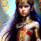 Fantasy female warrior with blue face paint and golden armor in floral setting