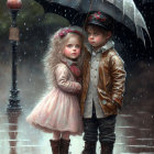 Young children under umbrella on rainy day, girl in pink dress, boy in brown jacket, both reflective