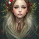 Digital art portrait of young person with holiday headband and green eyes in fluffy coat with snowflakes