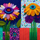 Vibrant textile art: Stylized floral designs on patchwork with button and bead embellishments