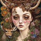 Woman with floral face paint, deer, and lush foliage in serene setting