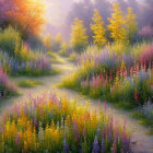 Colorful garden path with vibrant flowers and soft sunlight