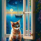 Colorful painting of orange tabby cat on windowsill with coastal cityscape and moonlit sky.