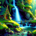 Tranquil fantasy landscape with houses, waterfall, river, and bridge